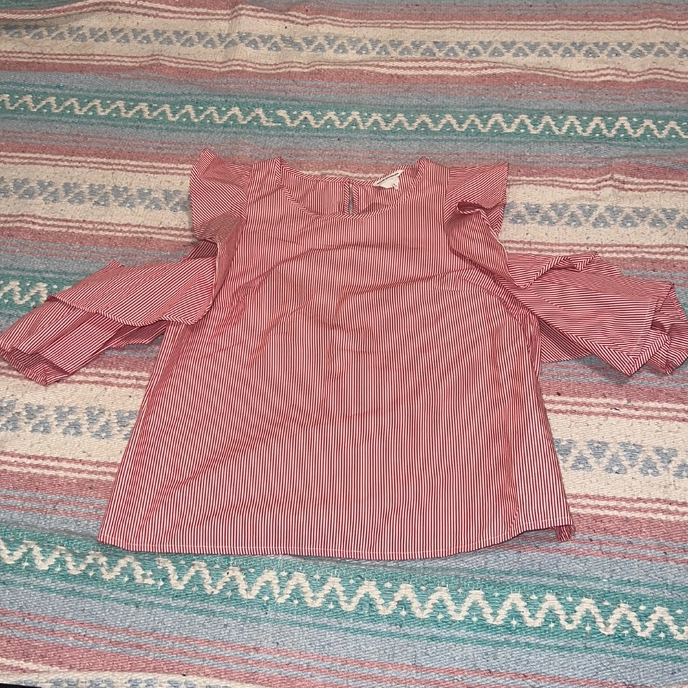 Club Monaco red and white striped blouse with ruffles and shoulder cutouts